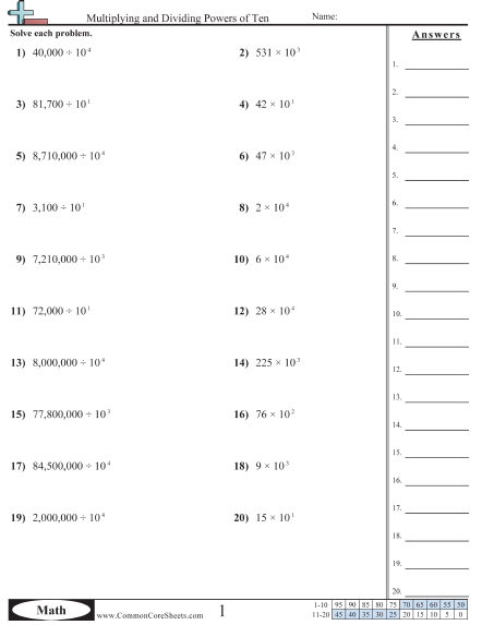 Multiplication Worksheets - Multiplying and Dividing Powers of Ten worksheet